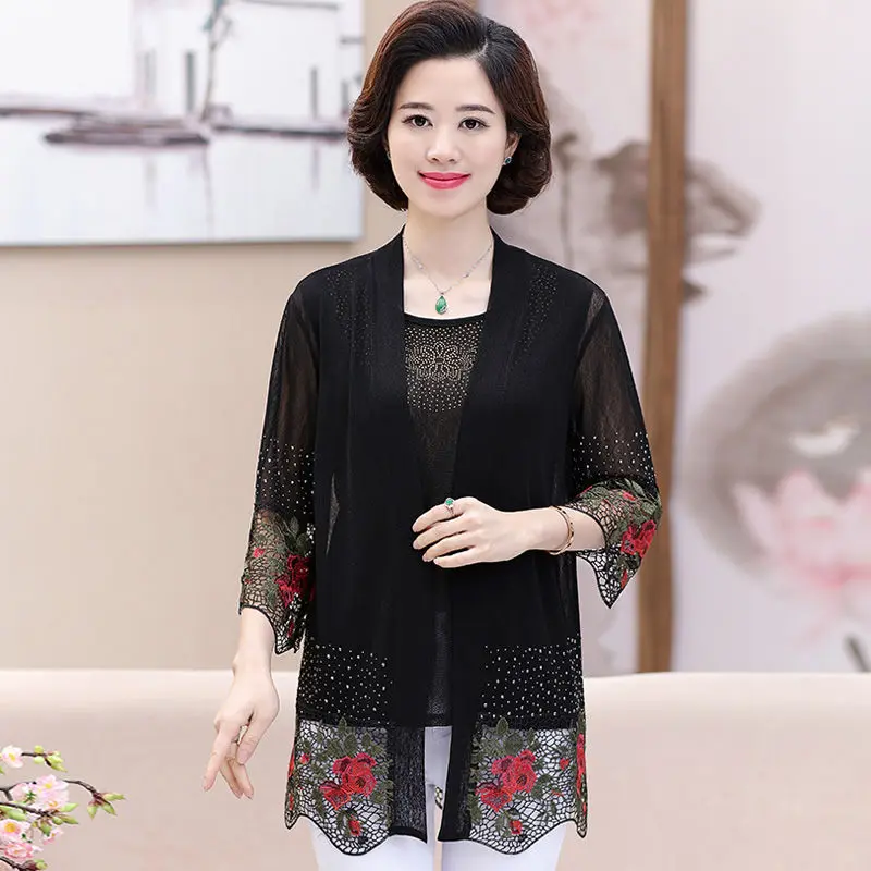 Heavy Industry Lace Embroidery Stitching Women 2pcs Suit Fashion Middle-Aged Mom Summer Shawl Cardigan Two-piece Set Vintage 5XL