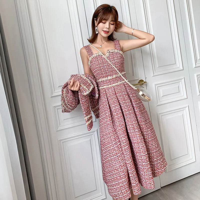 JSXDHK Luxury Tweed Two Piece Set Fall Winter Women Beading Tassel Pink Short Jacket And Vest Woollen Midi Ball Gwon Dress Suits