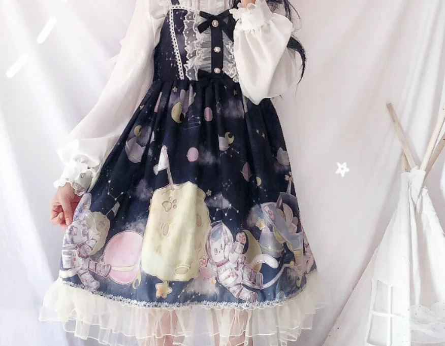 Lolita kleid vintage falbala bowknot nette druck hohe taille prinzessin viktorianischen strap kleid kawaii mädchen gothic lolita cos loli