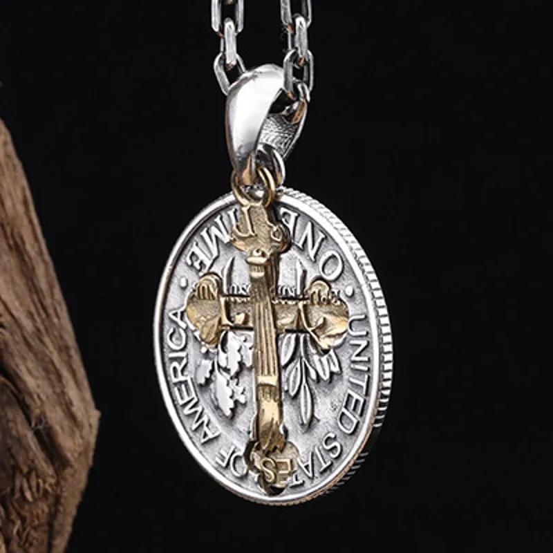 BOCAI  New Pure s925 Silver Jewelry Vintage Christ Jesus double-sided Cross Pendant Personality Coins Fashion Man Pendant