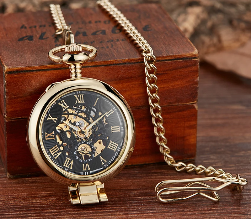 Luxury Gold Mechanical Pocket Stand on Table Fob Chain Display Pendant Watches Roman Numeral Skeleton Men Clock With Gift Box
