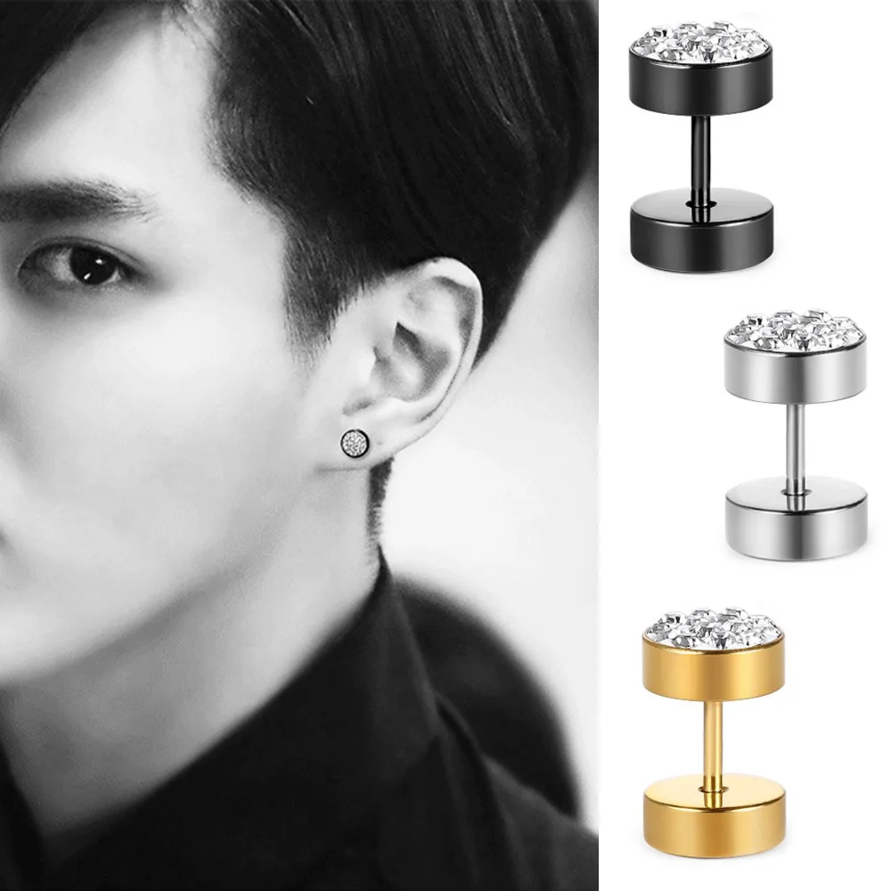 Ohrstecker mit tschechischen Kristallen für Jungen, Edelstahl, Herren-Ohrringe, schwarze Farbe, Ohrstöpsel, Langhantel-Ohrpiercing, Unisex-Schmuck – Detail 3