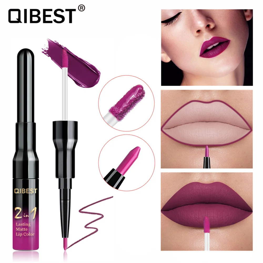 Qibest Double Head Lip Gloss Tint Liner กันน้ำ Nude แต่งหน้า Lipgloss ยาวนาน Matt สีม่วงสีแดง Liquid ลิปสติก