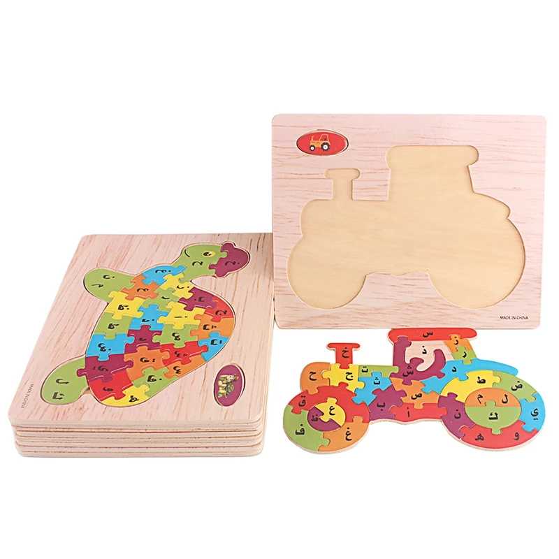 Wood Puzzle Toy Arabic Alphabet Cartoon Animals Traffic Arab Jigsaw Puzzles Toys for Children Early Educational Preschool Gift