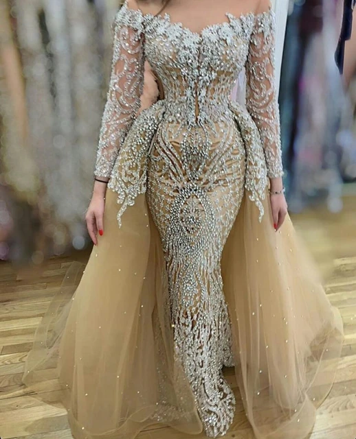 Vestidos de Noche champan de lujo con tren desmontable sin hombros con cuentas de sirena para baile de graduacion Vestido Formal de fiesta AliExpress