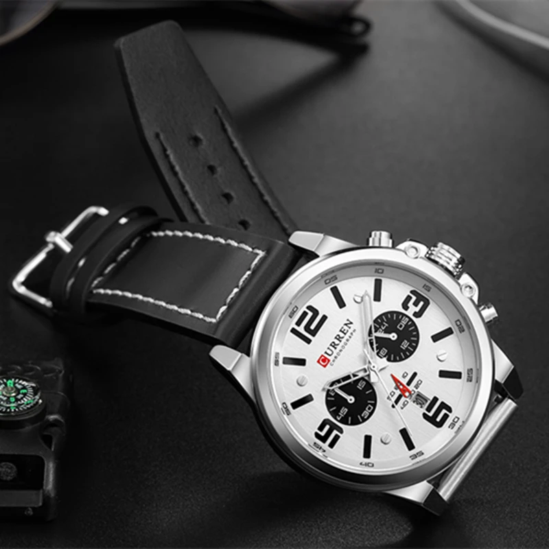 Fashion Classic Black White Chronograph Watch Men CURREN Men\'s Watches Casual Quartz Wristwatch Male Clock Reloj Hombre