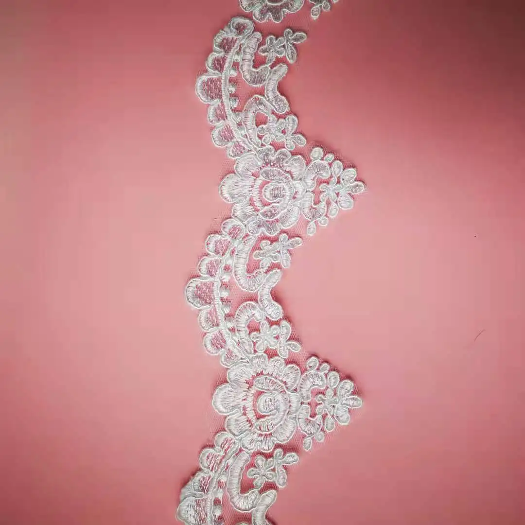 9Yards 8cm Wide Pure White Ivory Edge Polyester Embroidery Lace Trim for Bridal Wedding Gown Costume Design Lace Ribbon