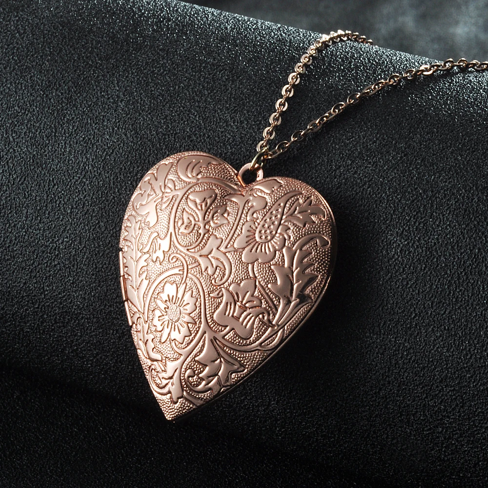 2Pcs/lot Big Heart Photo Frame Locket Box Copper Gold Color Steel Color Tone Necklace   For Man Woman Vintage Jewelry Necklace