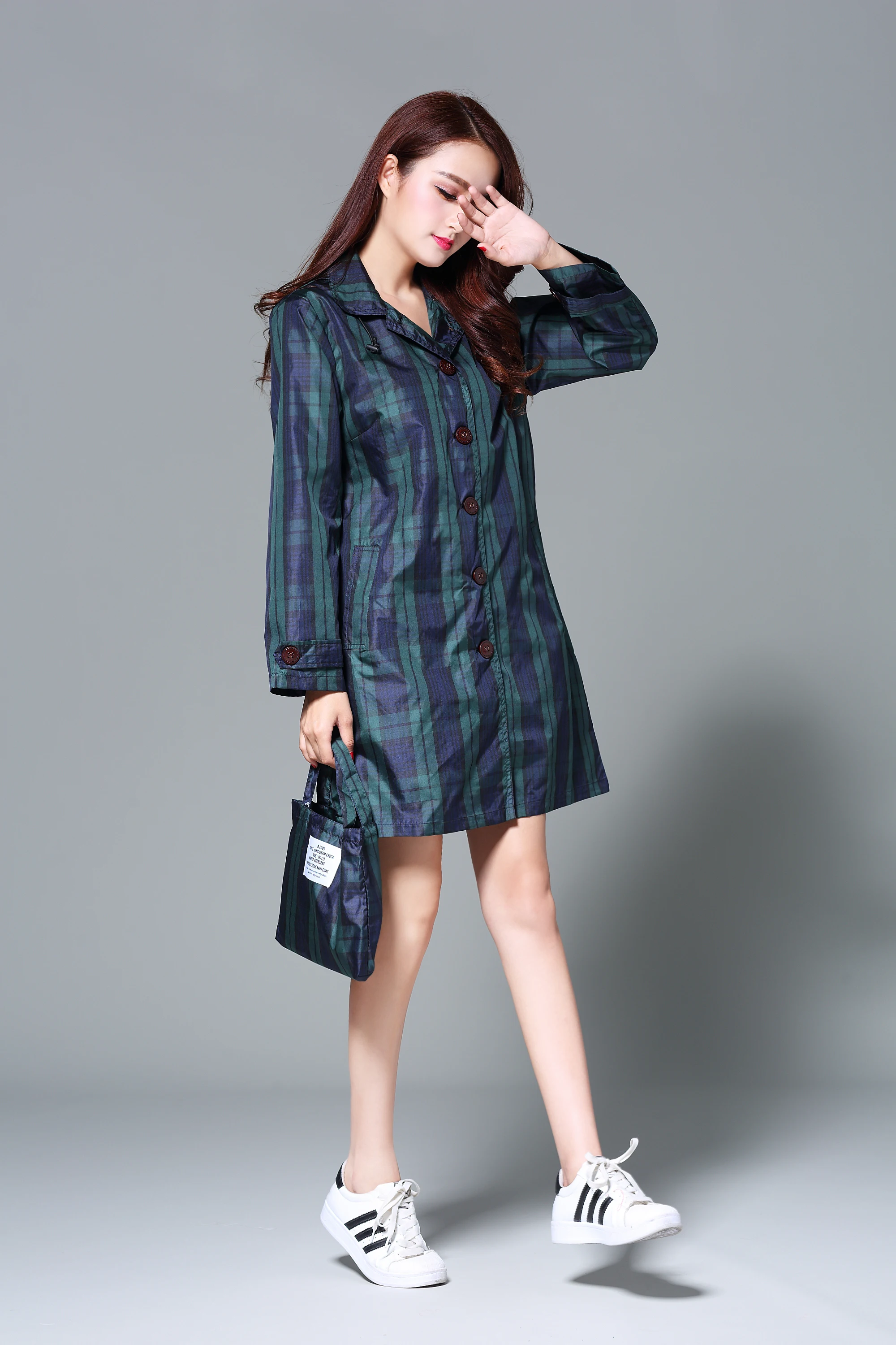 Thin Breathable Cute Long Raincoat Women Fashion Rain Cover Poncho Autumn And Winter Plaid Trench Coat