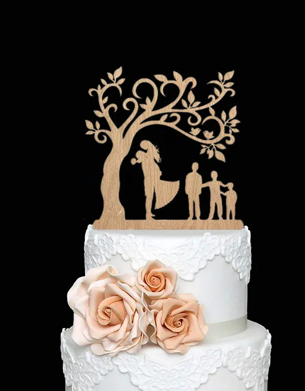 new family style bride and groom wedding cake  topper with kids children silhouette pet for cake decorating birthday