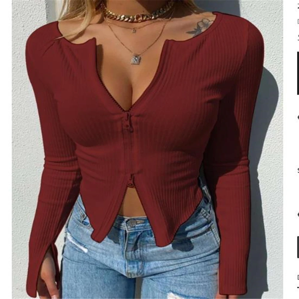 90s Vintage Korean Elegant Crop Tops Women Double Zipper Up Rib Knitted T-shirt Spring Autumn Long Sleeve Slim Fit Basic Tees