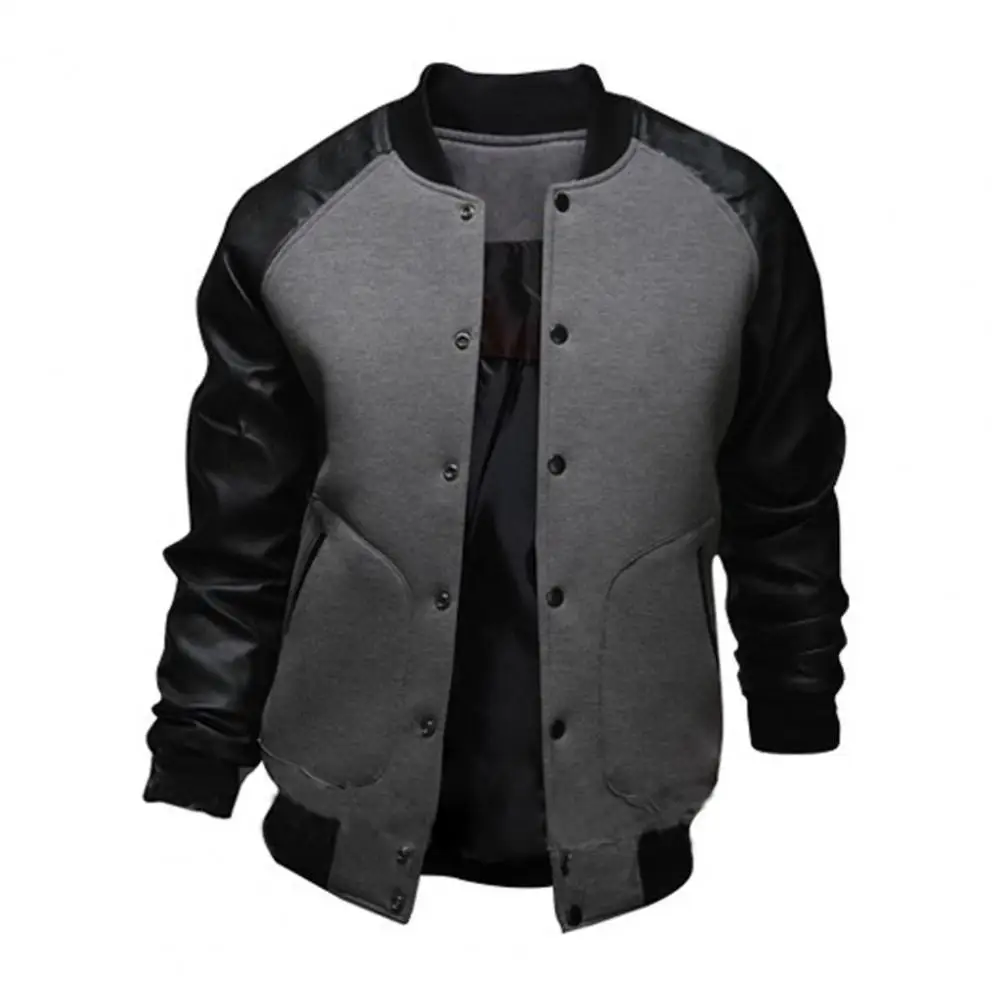 Men Coat Stand Collar Contrast Colors Big Pockets Patchwork Casual Baseball Jacket for Daily Wear