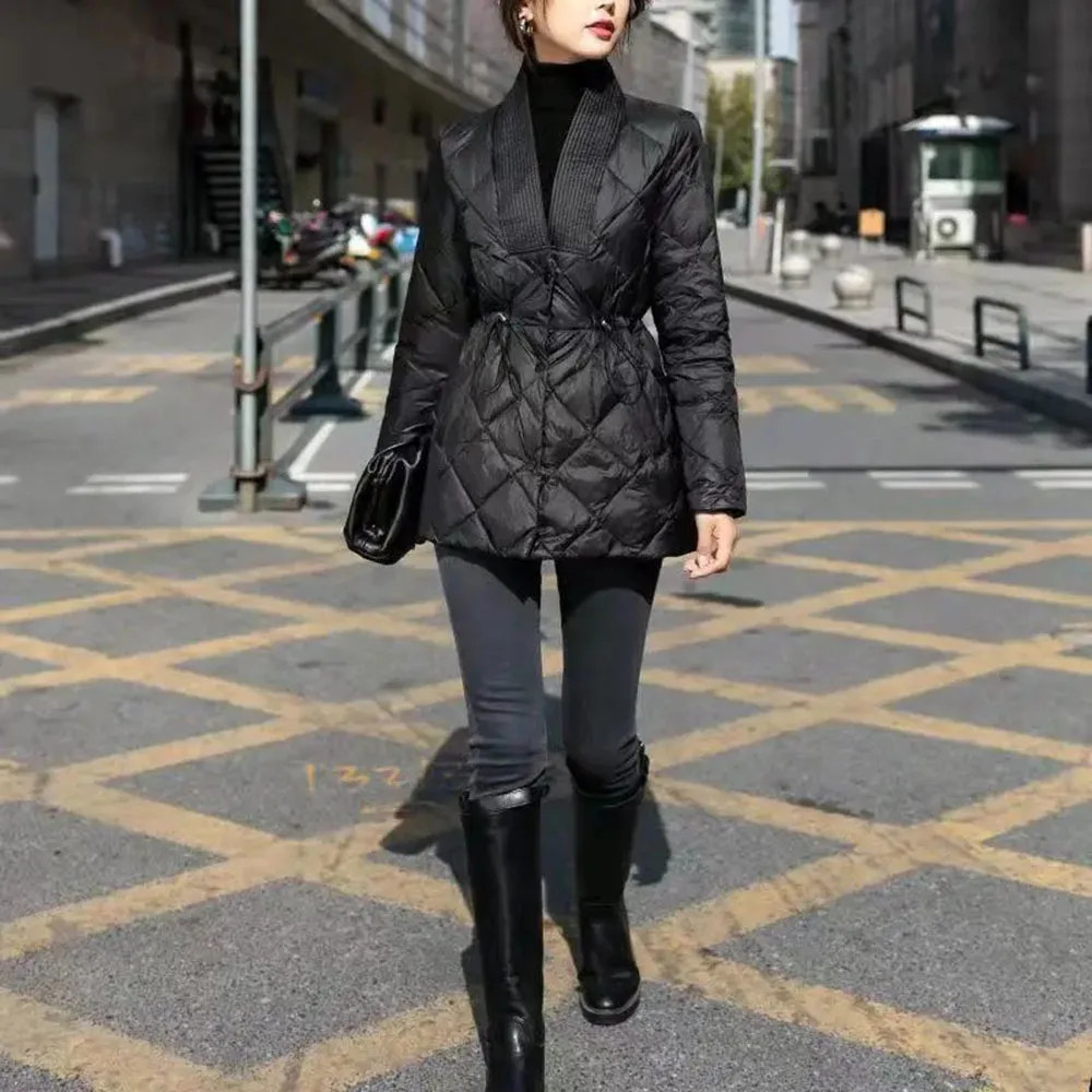 Winter New Korean Style Diamond Down Cotton Jacket Women Mid-length V-neck Waist Warm Chic Women Coat Thicken Quilted Jacket