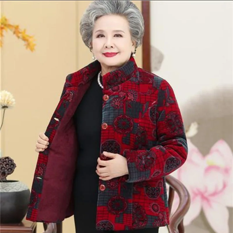 Grandma\'s Winter Coat Corduroy Clothes Female Middle-Aged And Elderly Thicken Mother Autumn Coat Cotton-Padded Jacket Print