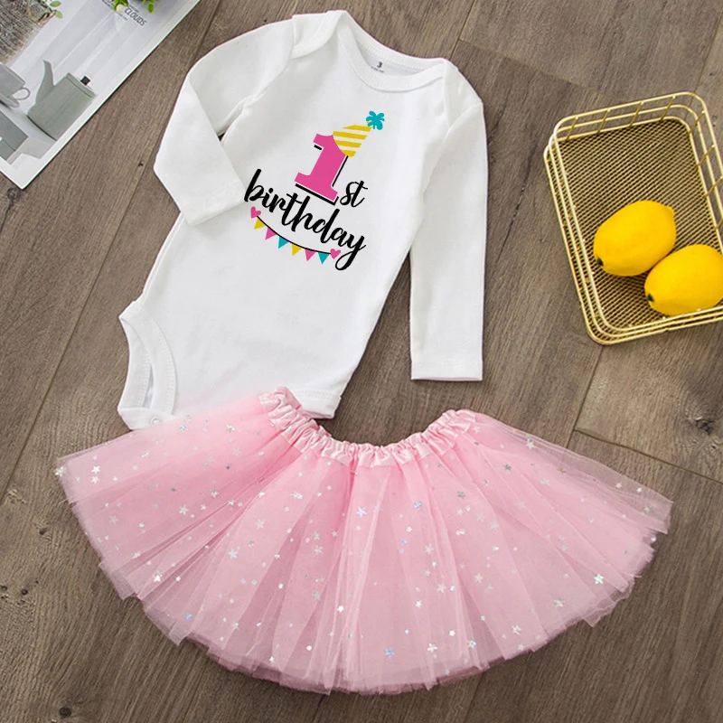 Baby Girls 1st & 2nd Birthday Outfit Romperc Cake Dress Birthday Party Shirt Tutu + Baby Bodysuits Set Girl Jumpsuit Clothes