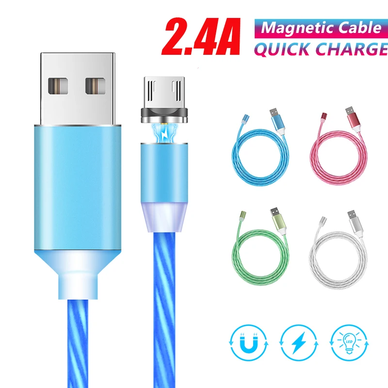 Кабель для зарядки USB-C, Micro USB, 8 конт., С магнитным разъемом, переливающимся светом, светодиодным индикатором, в оплетке, для iPhone 6, 7, Android