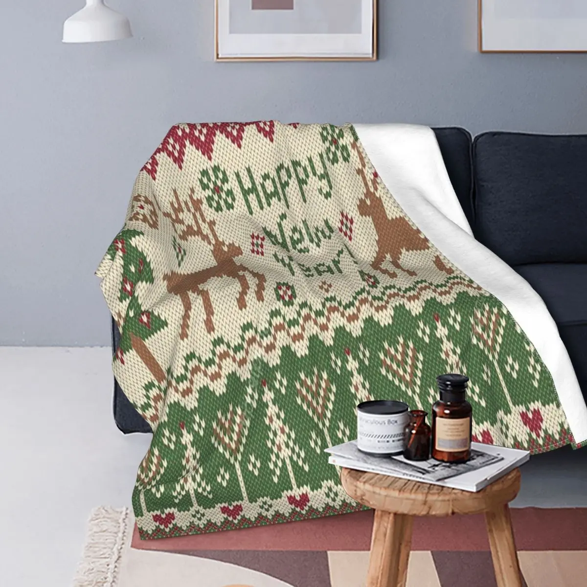 

Merry Christmas Joy Blanket Fleece Decoration Snowflakes Tree Elk Multifunction Lightweight Throw Blanket for Home Car Bedspread