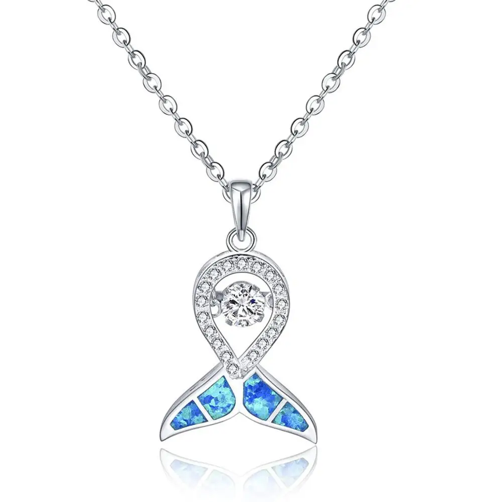 

Hot Selling 925 Sterling Silver Dancing Diamond & Blue Fire Opal Dancing CZ Fish Pendant Necklace For Gift