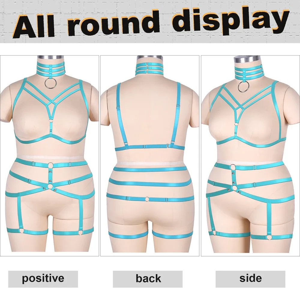 

3pc Neck Tops Plump Women Fetish Chest Bondage Harness Plus Size Lingerie Set Harajuku Sexy Body Cage Bra Goth Suspenders Belt