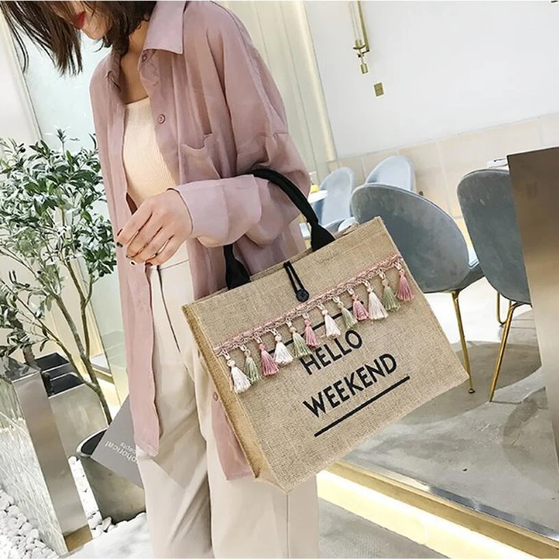 Canvas Handbag Women Large Capacity Tassel Shoulder Bag Simple letter Top-handle Bag Linen Lady Tote Shopping Weekend Bag Bolso