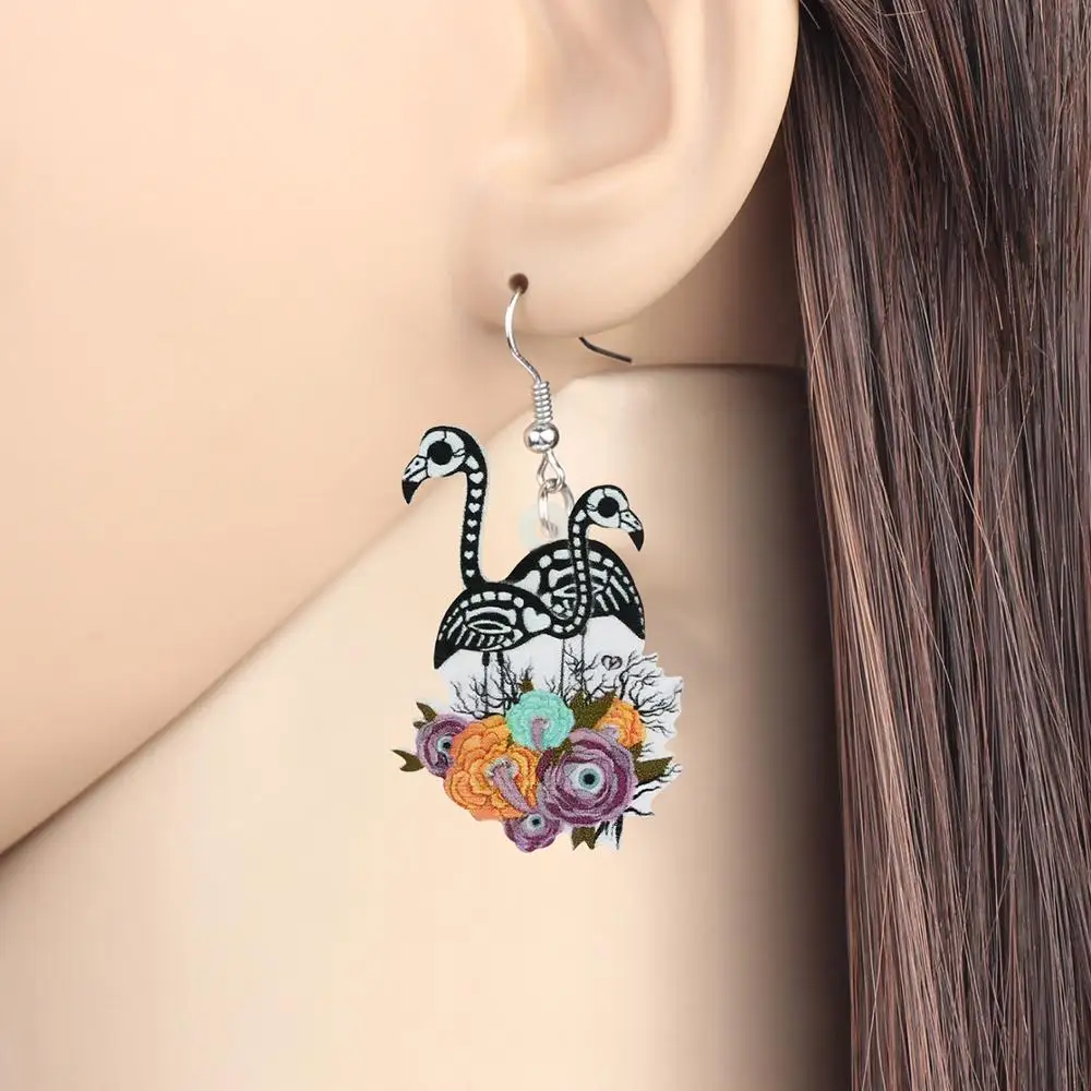 Bonsny Acryl Halloween Bloem Flamingo Skull Eyeball Sieraden Sets Festival Oorbellen Ketting Voor Vrouwen Kinderen Tieners Gift Charms