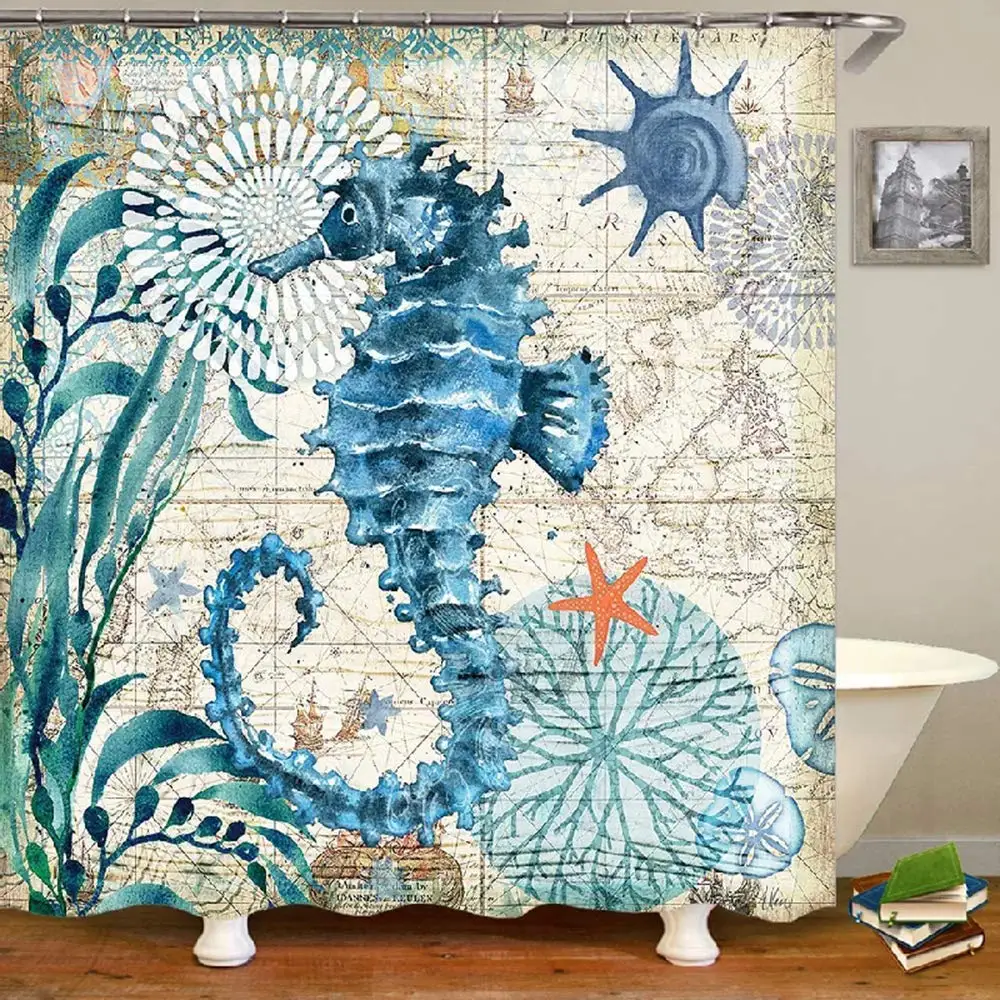 Sea Horse Blue Map Navigation Under The Sea Life Coastal Cloth Shower Curtain