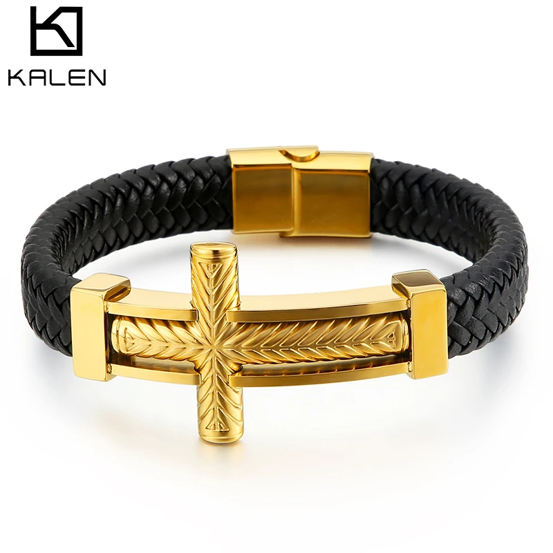 KALEN Stainless Steel Ethiopian Cross Charm Bracelet Men 21cm Vintage Cowhide Leather Armband Male Bangle Jewellry