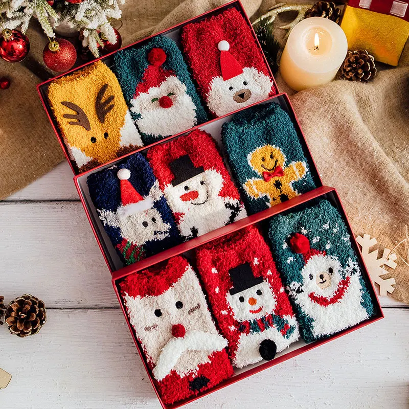 

Gift Box Winter Women Red Socks Slippers Christmas Elk Snowman Cartoon Tube Men Socks Set Gifts For The Holidays Popsocket