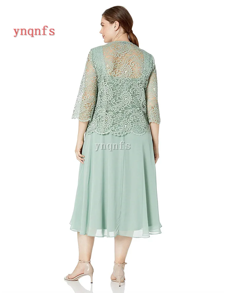 YNQNFS MS01 Light green lace knee length bride's mother wearing sheer 3/4 sleeve long jacket mother wearing formal gown