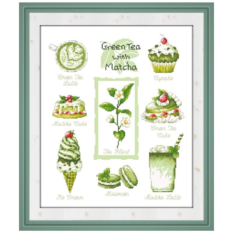 Green tea with matcha cross stitch kit package 18ct 14ct 11ct white fabric cloth cotton thread embroidery DIY handmade needlewo