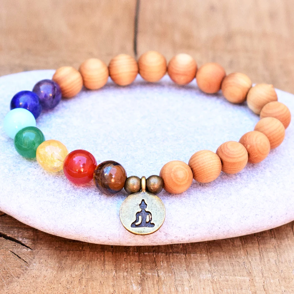 Wholesale 8 mm Sandwood 7 Chakra Buddha Charm Bracelet Natural Gemstone Chakras Beads Bracelet Wrist Mala Yoga Bracelet