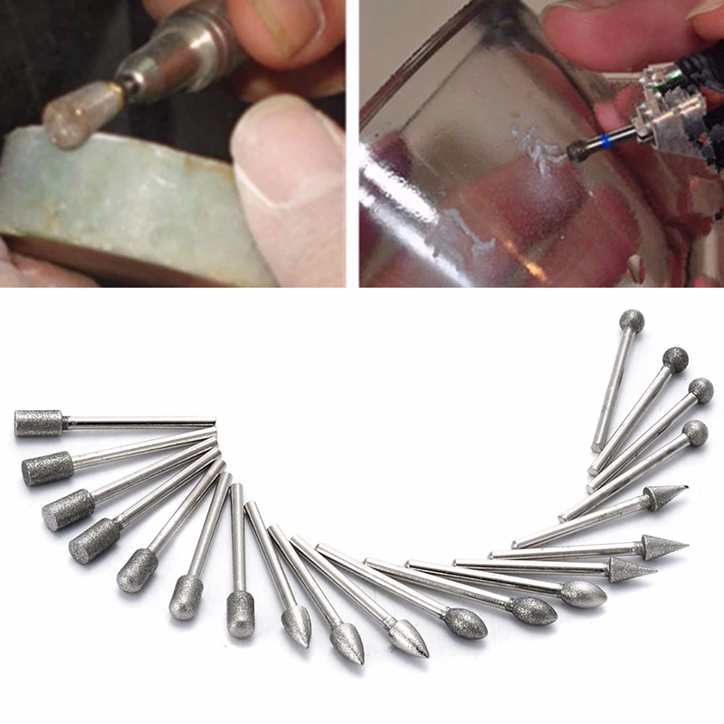Imagem -04 - Shank Cabeças de Moagem Diamante Mini Broca Rebarbas Conjunto para Ferramenta Rotativa Moedor Mayitr Escultura em Vidro Molde Moagem Ferramentas 20 Peças mm