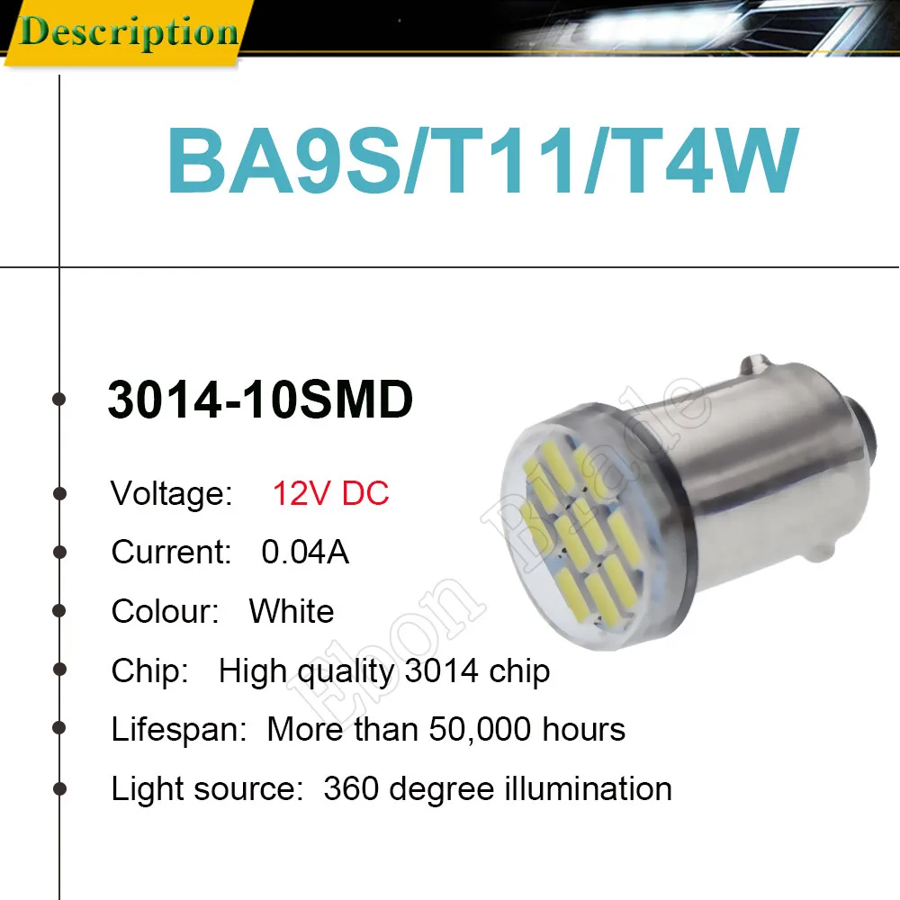 10x Car Auto BA9S Led T4W Wedge 10SMD 3014 Led Interior Lamp Bulb T2W T3W H5W Parking DRL License Plate Light 12913 12910 12929