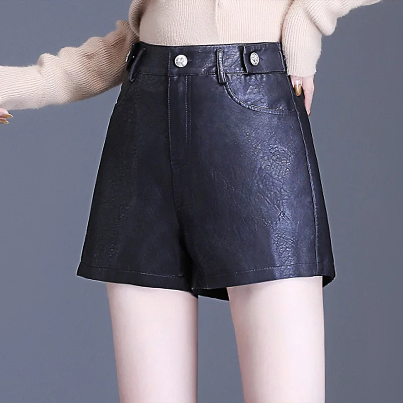 Autumn Women Pu Faux Leather Shorts High Waist Ladies Casual Shorts Artificial Leather A-line Bottoms Wide-Legged Shorts Winter