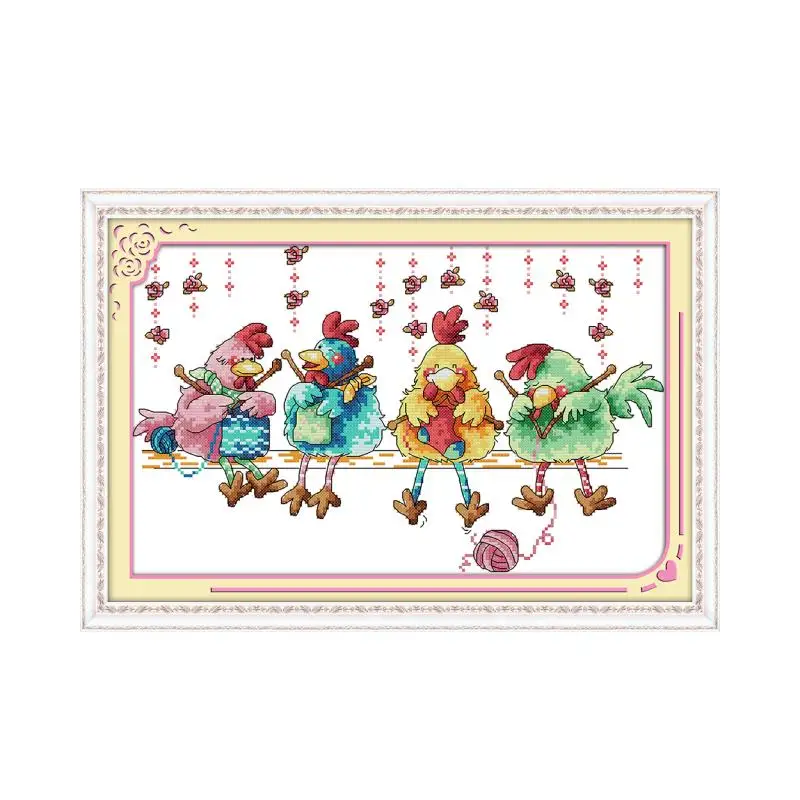 The chicken knitting a sweater cross stitch kit cartoon bird pattern print canvas stitches embroidery DIY handmade needlework