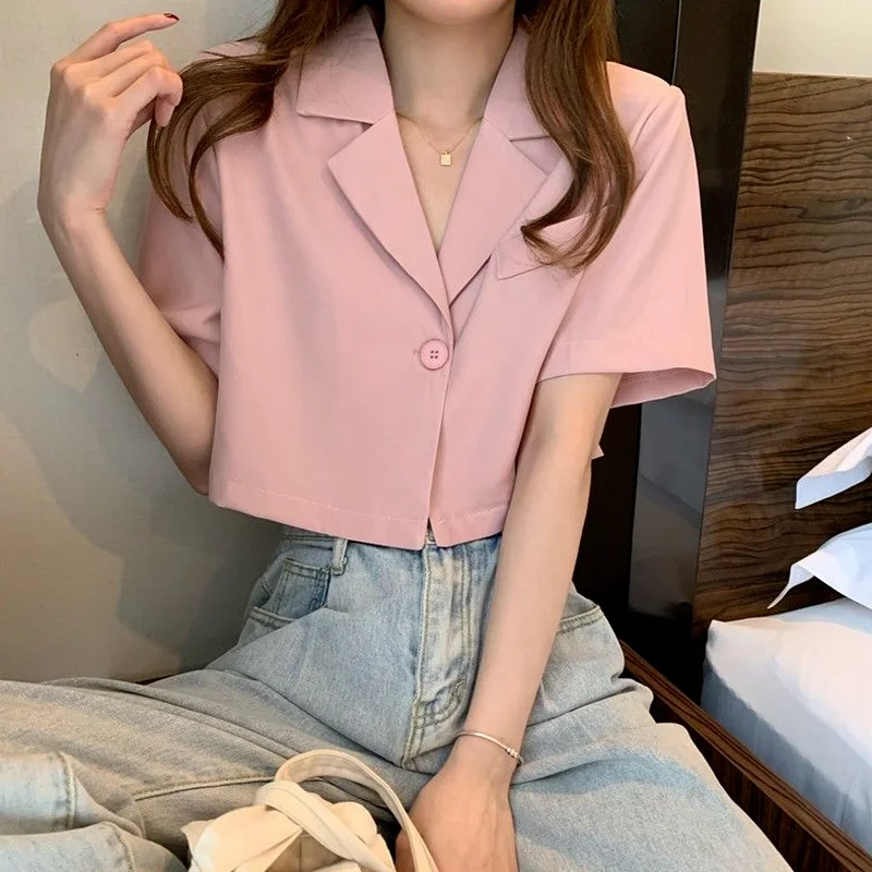 Shirts Women Chic Elegant Solid Office Ladies Summer Cropped Slim Popular Single Button Mujer Blusas Simple All-match Streetwear