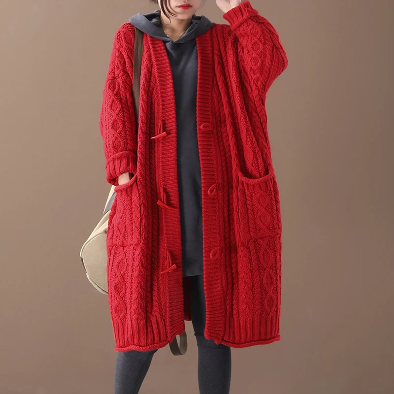 Female new autumn and winter plus size korean style outerwear literary horn buckle knit loose sweater cardigan