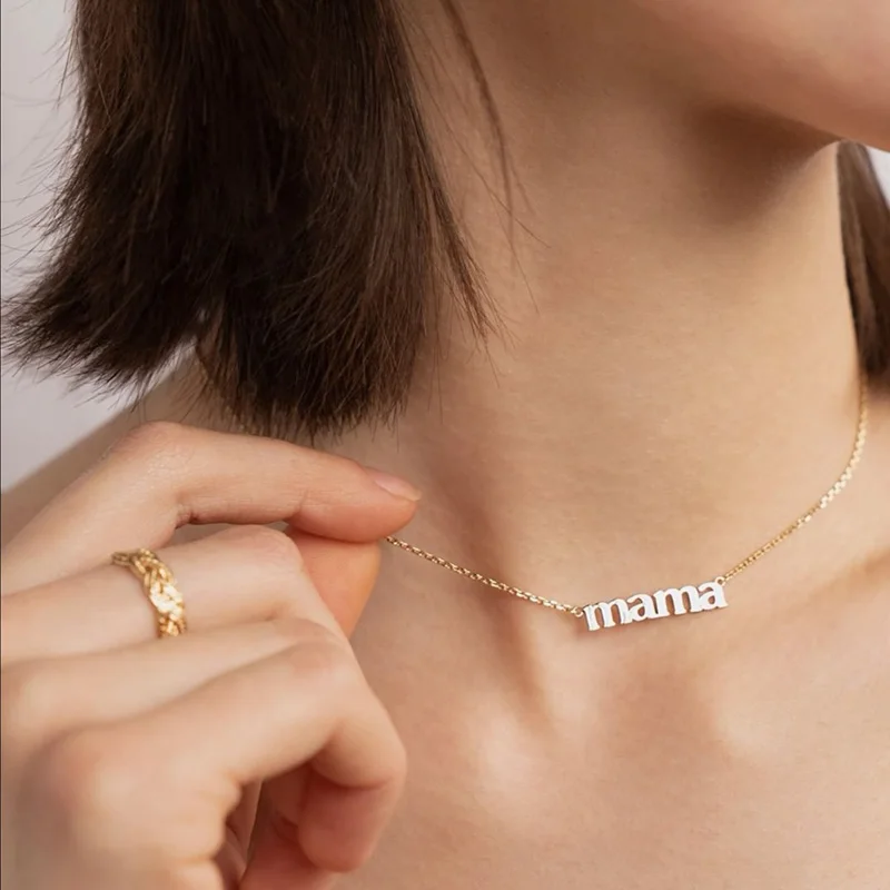 Best Gift for Mom Tarnish Free 316L Stainless Steel Real Gold Plated Letter Pendant Necklace Minimalist Gold Mama Necklace