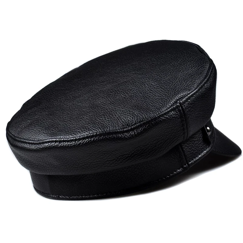 2023 Winter Men/Women Genuine Leather Navy Hats Unisex European/American Streetwear Fitted Black Caps With Belt Outdoor Gorro