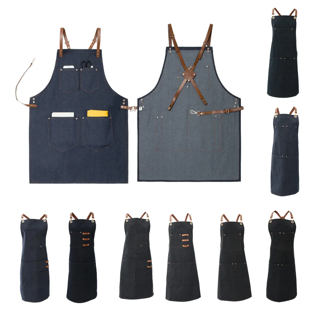 Multi Pockets Denim Bib Apron Barista Baker Bartender Chef Work Uniform Cook