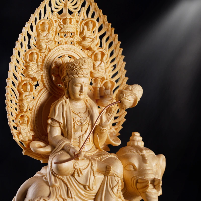 Hinoki Wood Carved Buddha Figurine, Handcrafted Manjushri and Samantabhadra for Home Worship and Zodiac Guardian Decor