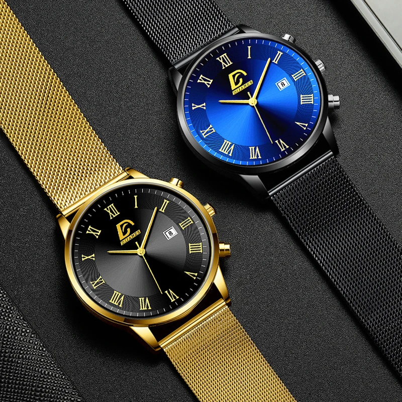 2024 Luxe Mode Heren Minimalistische Horloges Luxe Roestvrij Staal Gaas Riem Quartz Horloge Heren Business Casual Klok Reloj Hombre