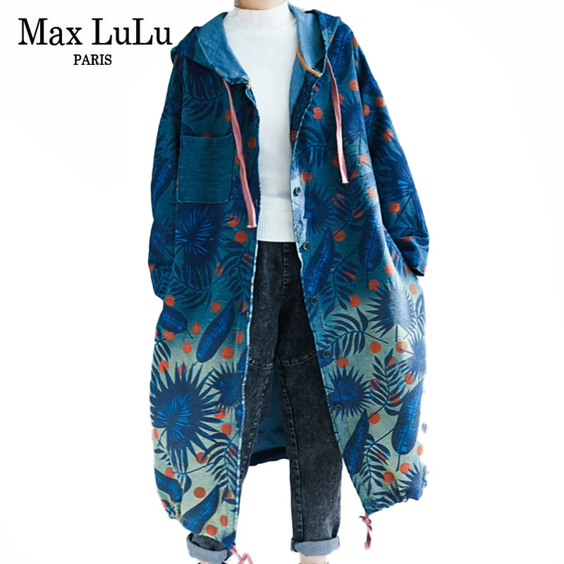 

Max LuLu European 2024 Autumn Design Ladies Denim Printed Trench Women Hooded Long Clothes Female Casual Oversized Windbreakers