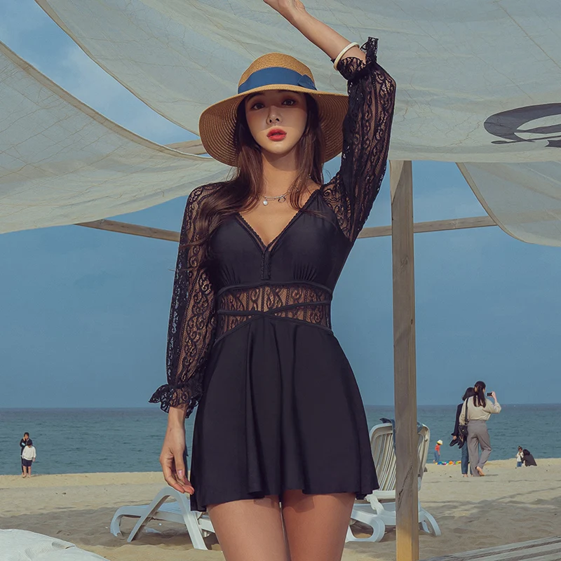 

SANQi female swimsuit one-piece sexy long-sleeved new high waist skirt cover belly slimming hot spring swimwear swimming suit