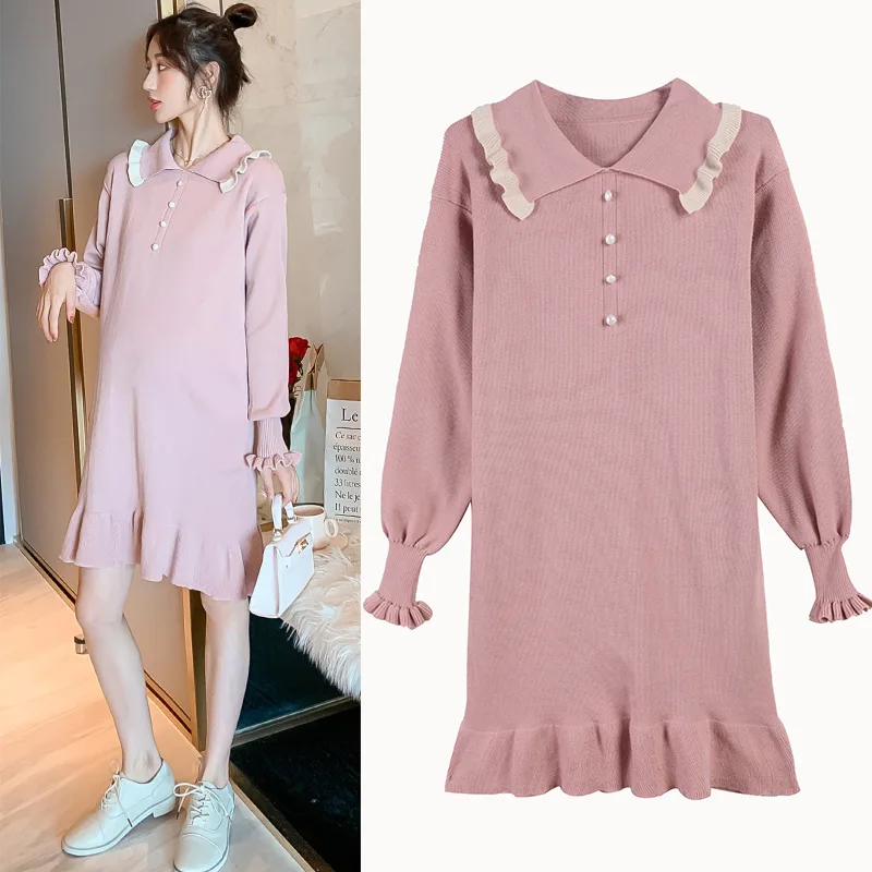 Women Pregnancy Feeding Wear Knit Autumn Winter Knitted Maternity Nursing Dress Sweet Straight Loose Dress Clothes for Pregnancy