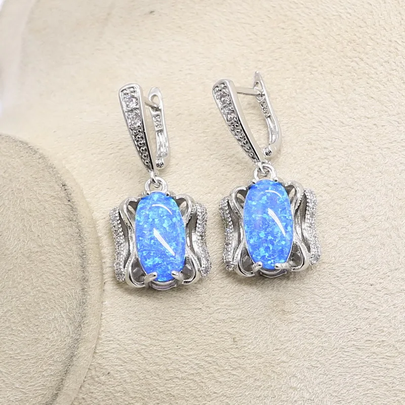 925 Sterling Silver Blue Opal Bridal Jewelry Sets For Women Necklace Earrings Pendants Ring Sets For Birthdays Gift