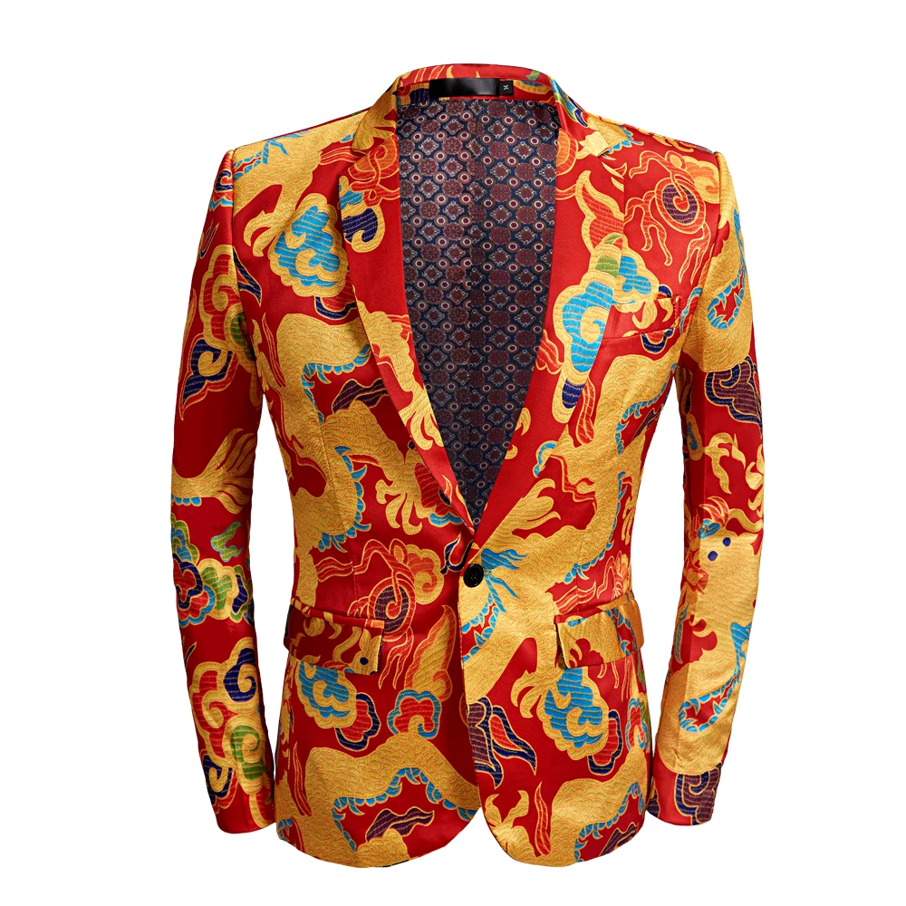 Men Casual Blazer Print Red Dragon Pattern Design DJ Club Singer Costume Slim Fit Suit Jacket Coat