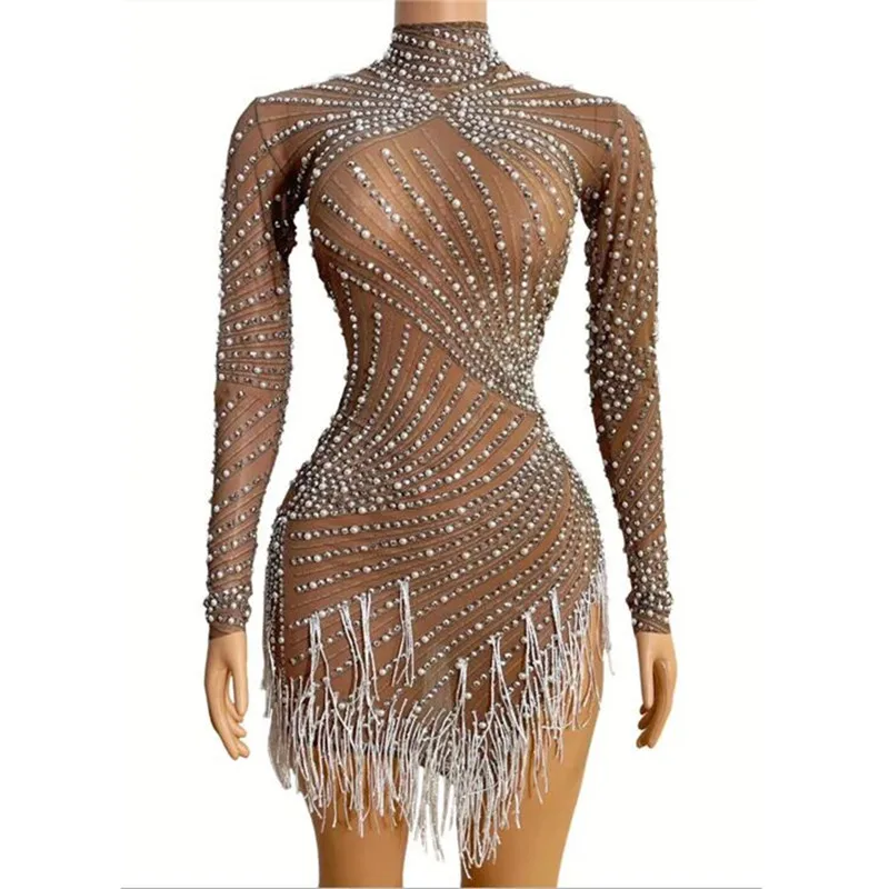 

Shining Pearl Rhinestones Transparent Fringes Mini Dress Birthday Celebrate Dress Evening Prom Outfit Women Bar Nightclub Outfit