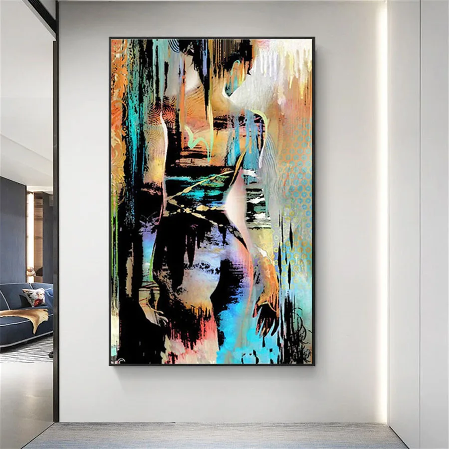 Hand-Painted Modern Abstract Nude Girl Oil Painting On Canvas Elegant Woman Back Profile  Green Blue Beauty Picture Wall Decor