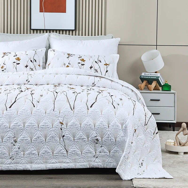 

CHAUSUB White Quilt Set Twill Cotton 3PC Bedspread on the Bed Embroidered Bed Cover Queen Size Summer Quilted Coverlet Comforter